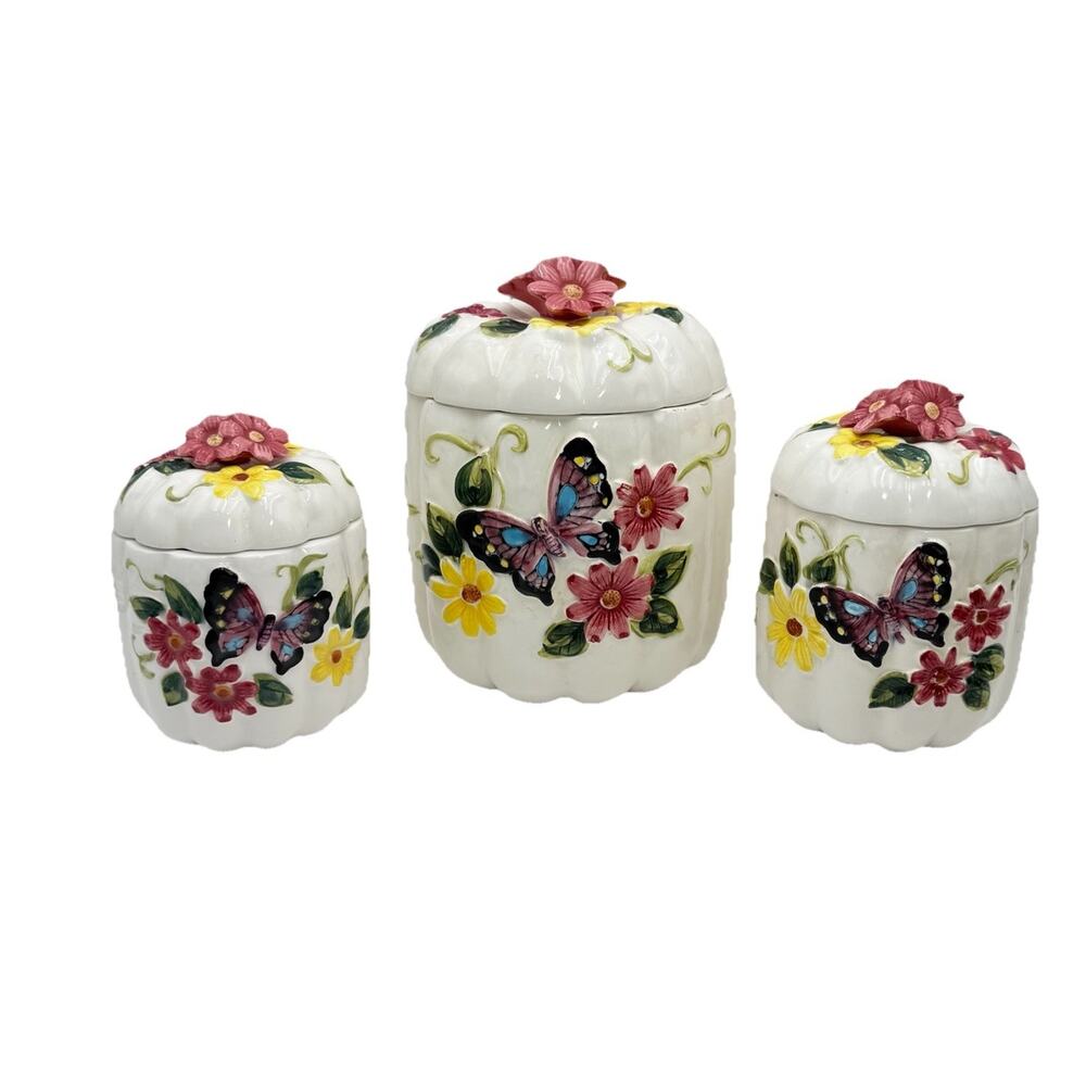 Butterfly Flower 3D White Pumpkin MCM Canister Set 1950s Cottagecore Floral VGC